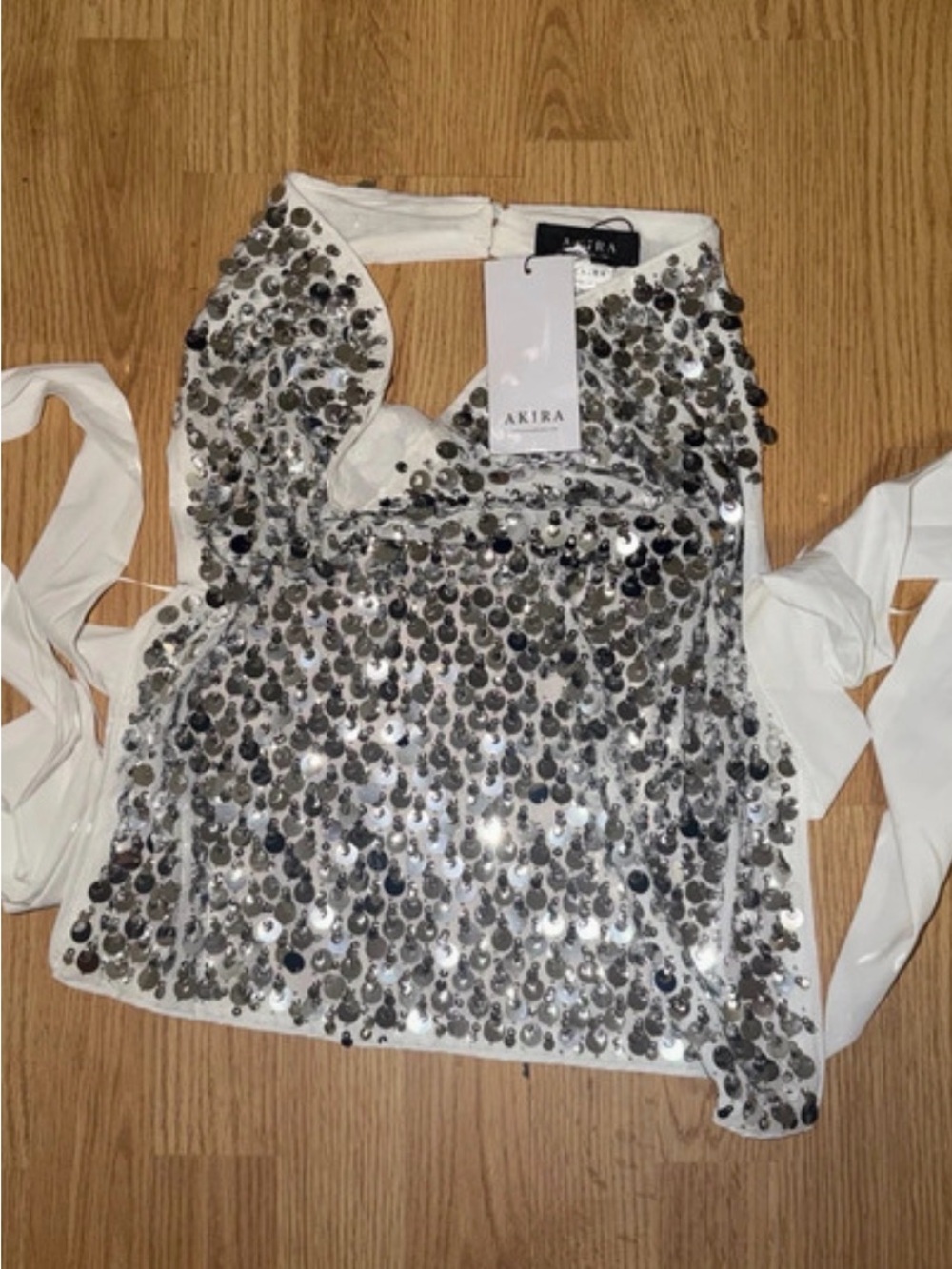 AKIRA White Halter Sequin Tie-Back Crop Top
